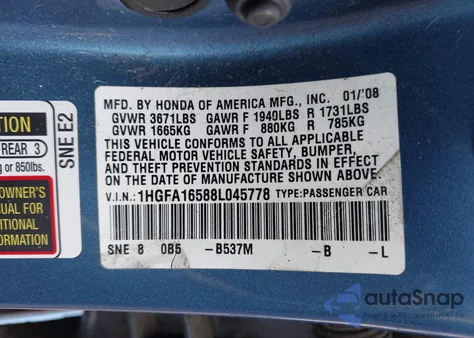 2008 Honda Civic Lx from USA, damaged, VIN 1HGFA16588L045778